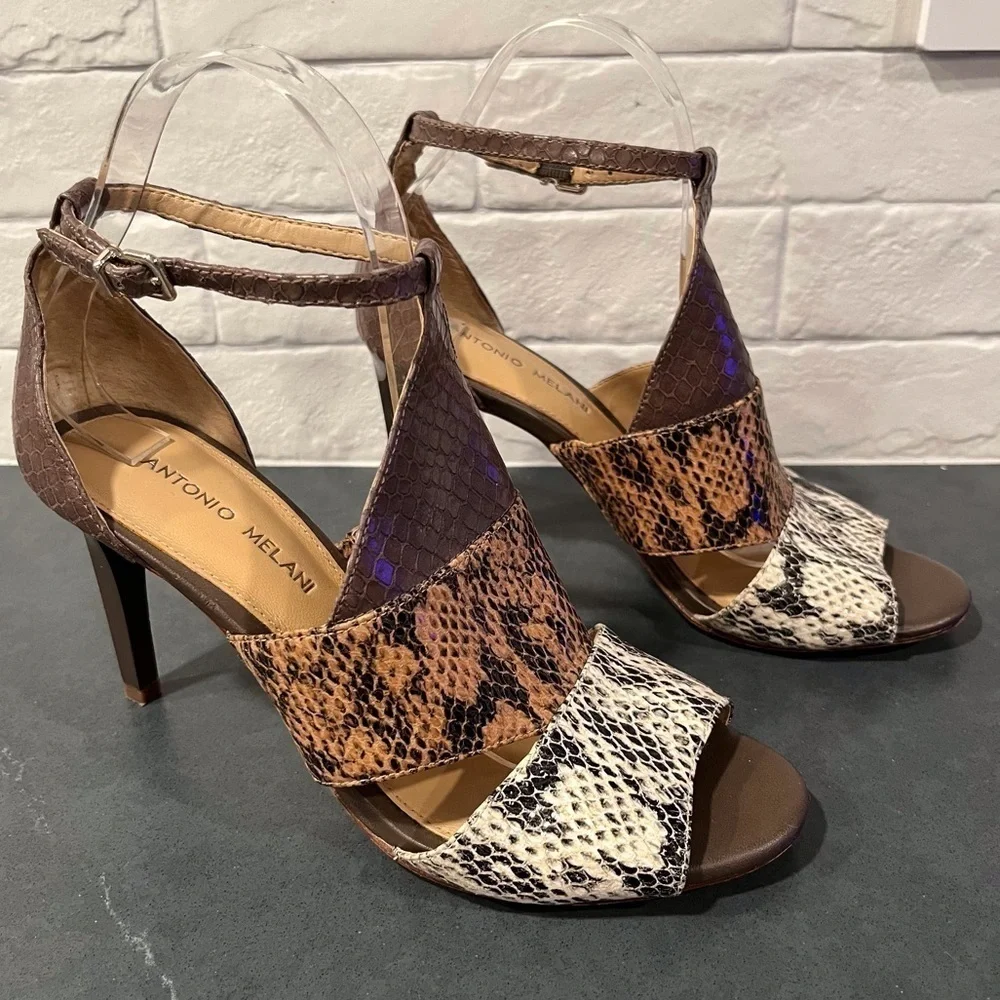 Antonio Melani sz 8 tri-color snakeprint leather high ankle strap heels